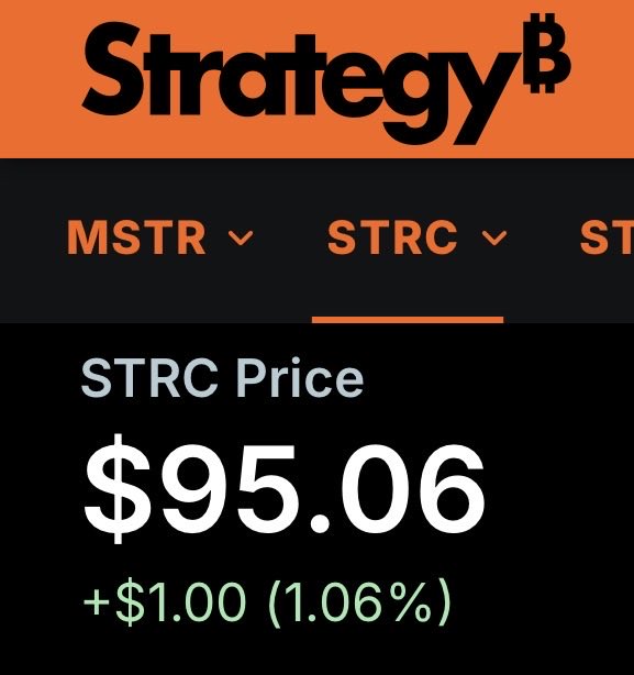 The image shows a financial ticker for Strategy (formerly MicroStrategy), displaying the STRC price at $95.06, up $1.00 (1.06%) on the day. The image relates to the post by highlighting that STRC is just 5% below its $100 par value, reinforcing the bullish sentiment in the "Roses are red" verse about $MSTR and $STRC nearing par.