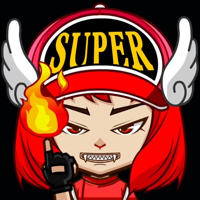 A cartoon character with red hair, sharp fangs, and small white angel wings wears a red cap emblazoned with "SUPER" in yellow text, while holding up a finger engulfed in flame with a fierce, determined expression. The fiery, bold aesthetic complements the post's message about late-night planning, reinforcing the "hot" and energetic Web3/NFT theme.