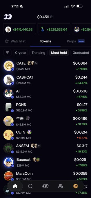 A cryptocurrency app screen showing trending tokens including CATE, CASHCAT, AI, PONS, and ANSEM with their prices and market caps.