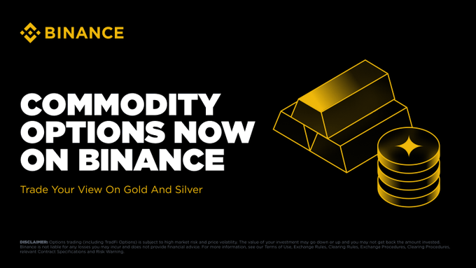 A Binance promotional banner reading 'COMMODITY OPTIONS NOW ON BINANCE - Trade Your View On Gold And Silver', featuring illustrations of gold bars and coins.