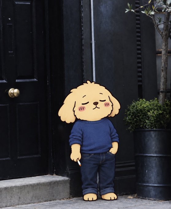 A whimsical photo combining a cartoon illustration of a cute yellow dog face with a real child wearing a blue sweater and jeans, standing in front of a black door.