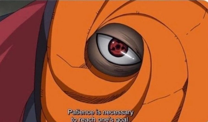 An anime close-up of an orange hooded figure's eye with a red Sharingan, accompanied by the subtitle 'Patience is necessary to reach one's goal.'