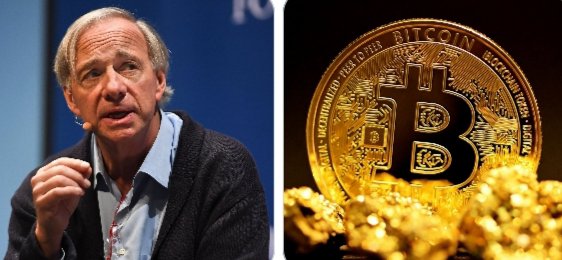 Ray Dalio, founder of Bridgewater Associates, speaks at an event beside an image of a gold Bitcoin coin, reflecting his recommendation to overweight gold and hold a small Bitcoin position as hedges against rising global debt and currency debasement.