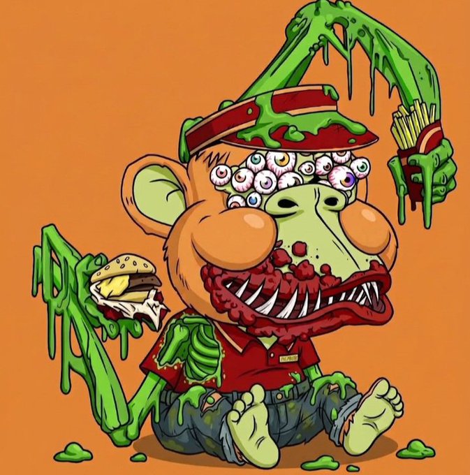 A grotesque cartoon illustration of a monstrous fast food worker in a red visor and uniform, with multiple eyes and a mouth full of teeth, holding a dripping burger and fries against an orange background.