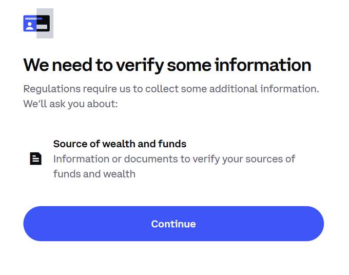A verification screen requesting 'Source of wealth and funds' information with a blue 'Continue' button.