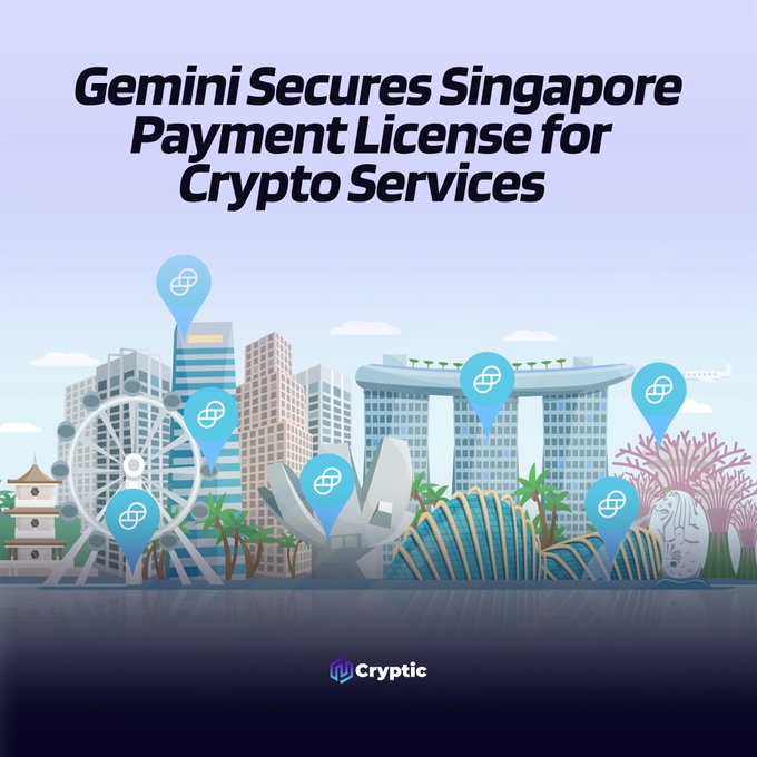 A graphic titled "Gemini Secures Singapore Payment License for Crypto Services" features an illustrated Singapore skyline with iconic landmarks like Marina Bay Sands and the Singapore Flyer, marked with location pins displaying the Gemini cryptocurrency logo, visually reinforcing the news that Gemini has obtained a Major Payment Institution license from Singapore's MAS.