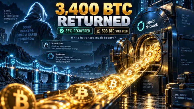 A digital graphic announces '3,400 BTC RETURNED' with stats showing '85% RECOVERED' and '598 BTC STILL HELD', featuring imagery of Bitcoin coins flowing into a 'Liquid Network' vault alongside a hooded hacker figure.
