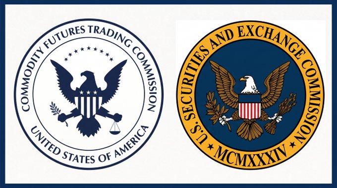 The image displays the official seals of two U.S. financial regulators: the Commodity Futures Trading Commission (CFTC) on the left and the U.S. Securities and Exchange Commission (SEC) on the right, the latter dated MCMXXXIV (1934). The seals visually represent the two agencies referenced in the post, which notes that both the SEC (now led by Atkins) and CFTC have begun advancing crypto regulations independently after Congress failed to pass the CLARITY Act before recess.