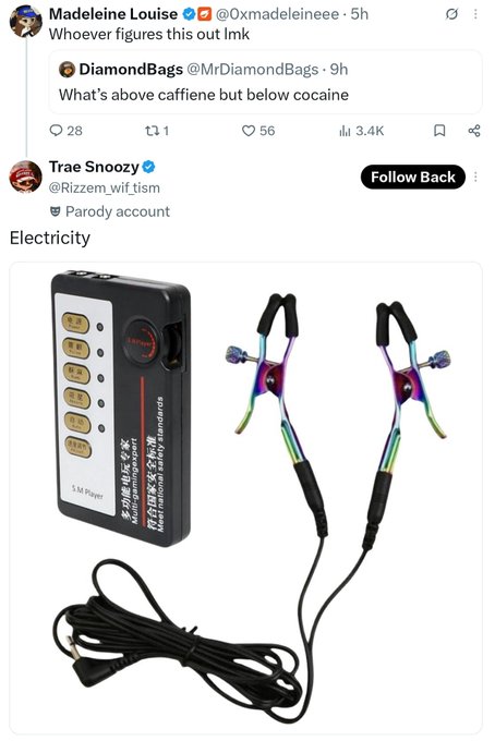 A Twitter/X screenshot shows @0xmadeleineeee asking 'Whoever figures this out lmkl' in reply to @MrDiamondBags' tweet 'What's above caffeine but below cocaine', followed by parody account @Rizzem_wif_tism replying simply 'Electricity' alongside an image of an earthing TENS machine accessory.