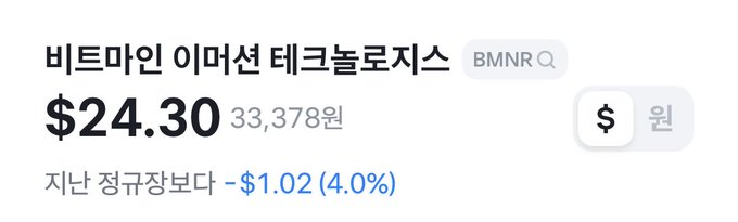 The image shows a Korean-language stock price widget for 비트마인 이머전 테크놀로지스 (BMNR) displaying $24.30 USD (33,378원), down $1.02 or 4.0% from the previous day's close. The image relates to the post by showing BMNR's current declining price, supporting the poster's acknowledgment of making a wrong decision on the stock.