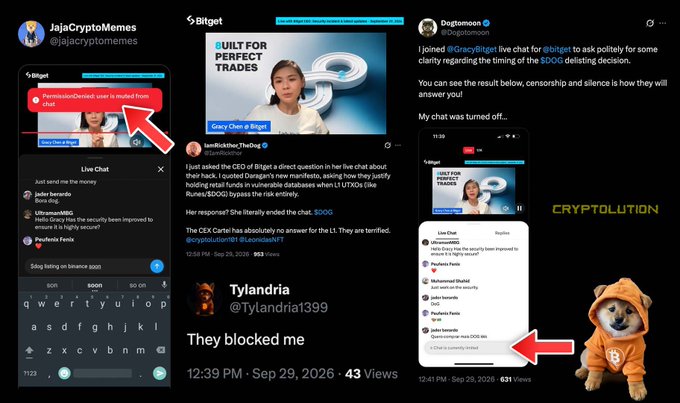 A collection of tweets criticizing Bitget cryptocurrency exchange, showing users being removed from chat and blocked, with a 'CRYPTOOLUTION' watermark and a doge in an orange hoodie.