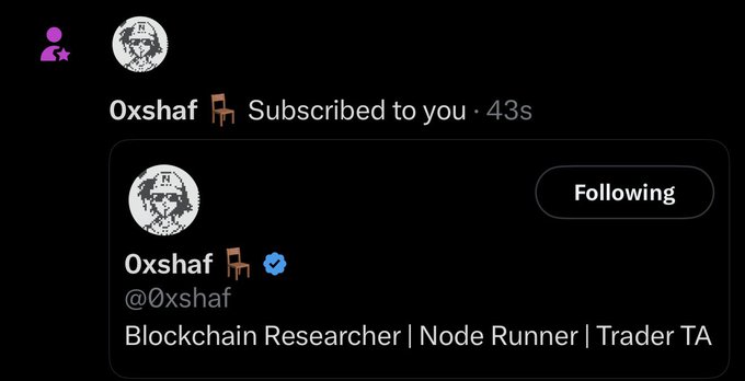 A Twitter/X notification showing that 'Oxshaf' (@0xshaf) has subscribed to the user, with the profile described as 'Blockchain Researcher | Node Runner | Trader TA'.