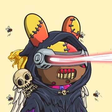 An illustration of a dark, hooded figure with stitched colorful rabbit ears, wearing a skull accessory and shooting red laser beams from its visor.