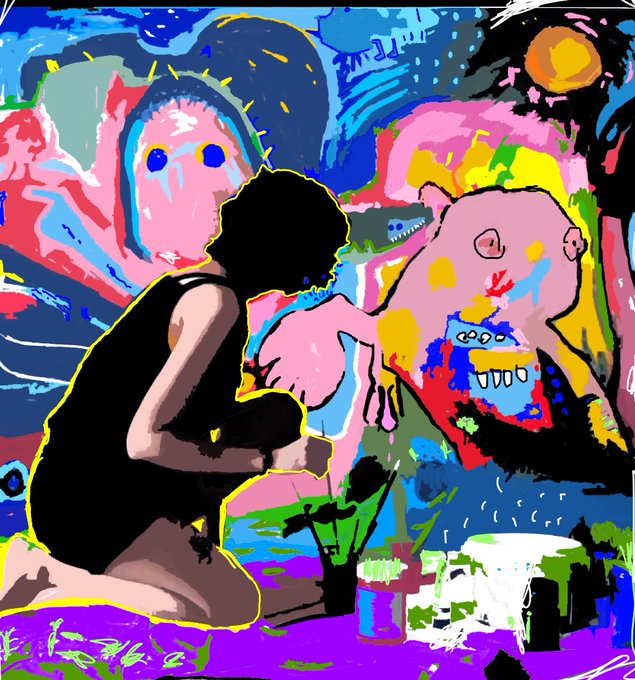 A colorful, expressionist-style digital painting of a silhouetted figure in black kneeling before a pink creature, set against a chaotic background of blue, yellow, red, and green brushstrokes.
