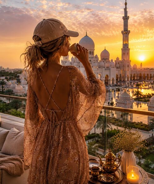 The image features a woman wearing a hat and a dress, standing near a table with a teapot and some flowers. She appears to be enjoying her time outdoors as she drinks from a cup while looking out at the city skyline. The backdrop of the scene is a beautiful sunset over the city, adding to the overall ambiance of the image.