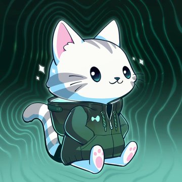 An illustration of an adorable cartoon cat wearing a dark hoodie, sitting against a dark green wavy background with sparkle effects.