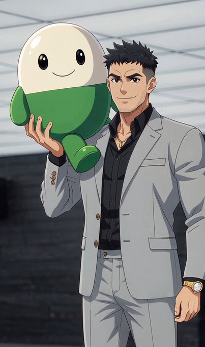 A confident man in a light gray suit holds up a green and white mascot figure resembling the Cupsey character, featuring a smiling egg-shaped head, connecting to the accompanying post promoting the $CUPSEY token.