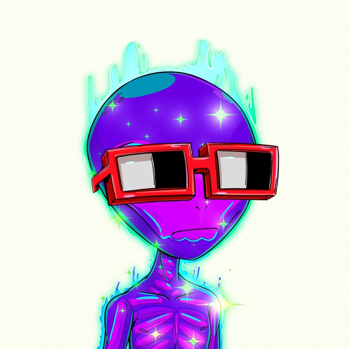A purple-skinned cartoon alien with a glowing cyan aura and shimmering star accents wears chunky red 3D-pixel sunglasses, matching the playful, meme-inspired tone of the Solana NFT post.