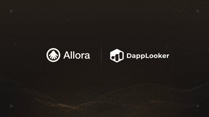 The image features a logo that says "Allora x Dapplooker" written in white letters, with a black background. Below this logo, there's text that reads "Allora @dapplooker is now running an inference worker on the Allora network." The inference worker is currently live and actively making predictions for Bitcoin/USD 1-day (Topic 69) and other whitelisted topics.