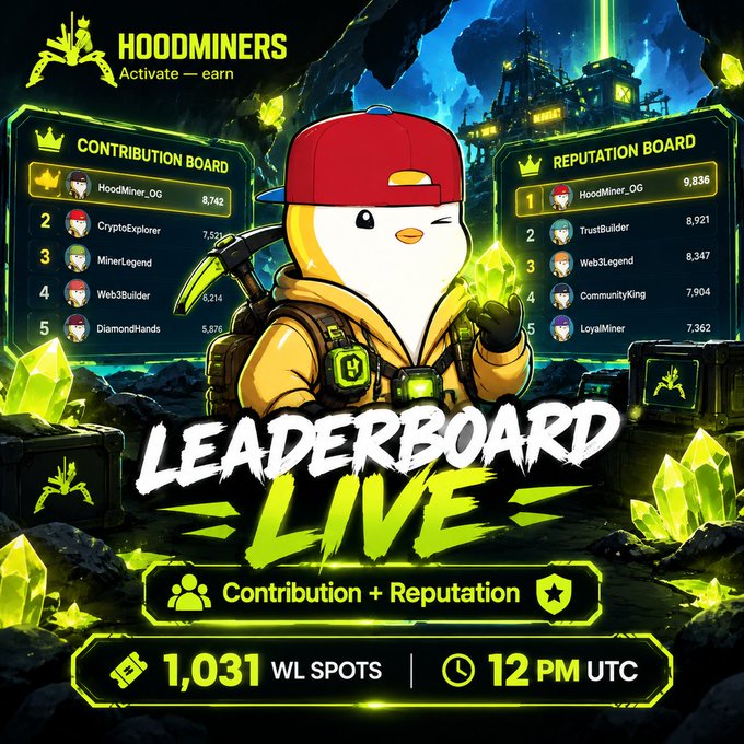 A promotional graphic for "HOODMINERS" showing a cartoon penguin in a miner's outfit with a red cap and pickaxe, advertising a "LEADERBOARD LIVE" event showing contribution and reputation boards with 1,031 WL spots at 12 PM UTC.
