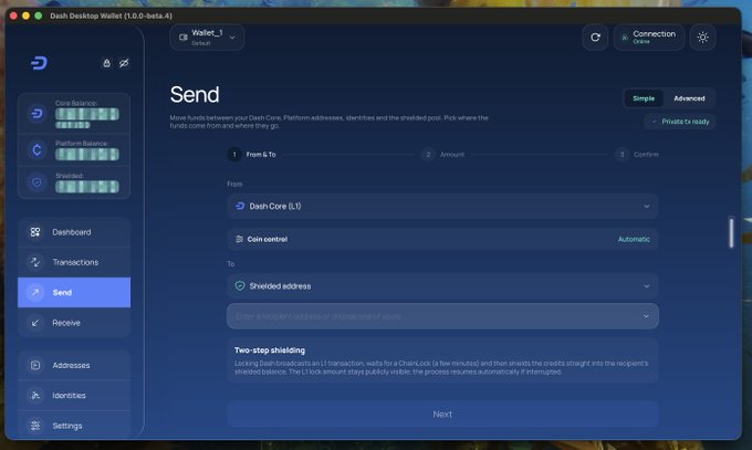 A screenshot of the "Dash Desktop Wallet (1.0.0-beta.4)" shows the "Send" transaction screen set up to transfer funds from "Dash Core (L1)" to a "Divided address."