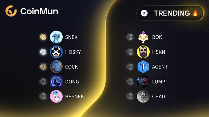 A 'CoinMun' trending cryptocurrency list featuring meme coins ranked 1-10, including SNEK, HOSKY, COCK, DONG, BBSNEK, BOK, HSKN, AGENT, LUMP, and CHAD.