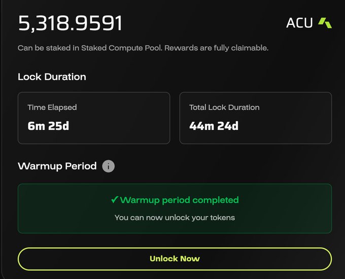 A dark-themed crypto staking interface showing 5,318.9591 ACU tokens with a completed warmup period, displaying Time Elapsed of 6m 25d, Total Lock Duration of 44m 24d, and an 'Unlock Now' button.