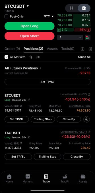 A mobile trading app screenshot showing BTCUSDT and TAOUSDT futures positions with Unrealized P&L of -101.94 (-5.16%) and -126.63 (-10.06%) respectively, showing long isolated 20x positions in red.