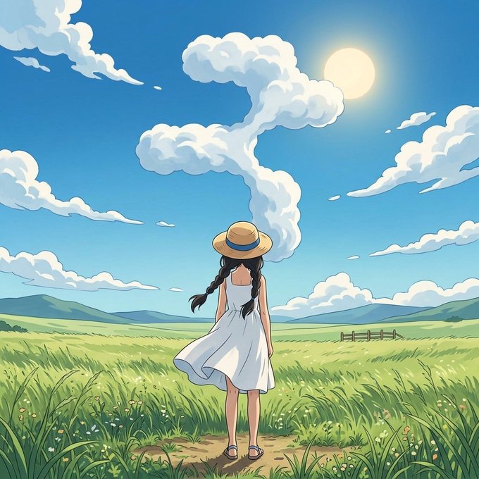 An anime-style illustration of a girl with braided hair and a straw hat standing in a grassy field, looking at a sky filled with clouds and the sun.