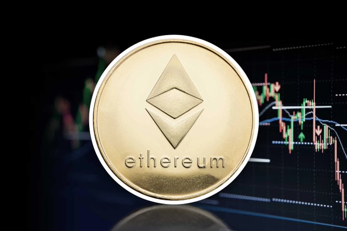 A gold Ethereum (ETH) coin displayed in the foreground against a background of a candlestick trading chart showing declining price movements, illustrating the post's humor about a brother's investment advice leading to losses. The text "ethereum" is clearly visible on the coin, symbolizing the cryptocurrency that the poster recommended, which appears to have dropped in value based on the bearish chart behind it.