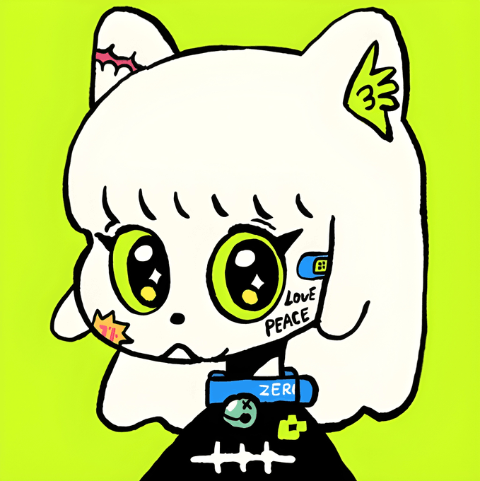 A cute cartoon-style white cat character with large green eyes, cat ears, and a black outfit is drawn on a bright green background. The image features visible text including "LOVE PEACE" on its cheek and "ZERI" on a blue bar accessory, and the character appears to be a kawaii mascot NFT being introduced to followers for naming and adoption.