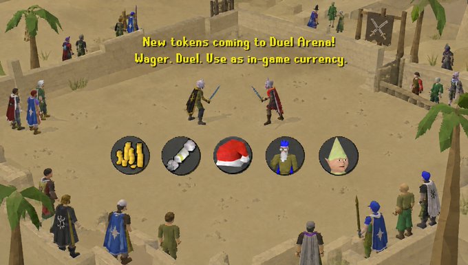 A scene from RuneScape's Duel Arena shows two players facing off while spectators watch from sandy walls, with yellow text announcing "New tokens coming to Duel Arena! Wager. Duel. Use as in-game currency." Five circular token icons are displayed in the center—gold bars ($GP), a red and white cracker ($CRACKER), a Santa hat ($SANTA), a blue gnome ($GNOME), and a green gnome ($WISE)—representing the new in-game currencies introduced for wagers in the arena.