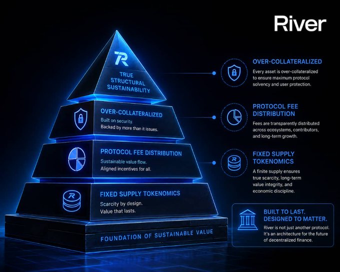 A glowing blue pyramid illustrates "River's" foundation of sustainable value, highlighting its core principles: Over-Collateralized assets, Protocol Fee Distribution, and Fixed Supply Tokenomics. The visual reinforces the post's message that @RiverdotInc's long-term strength lies in its engineered architecture—built on over-collateralization and designed to last—rather than short-term hype.