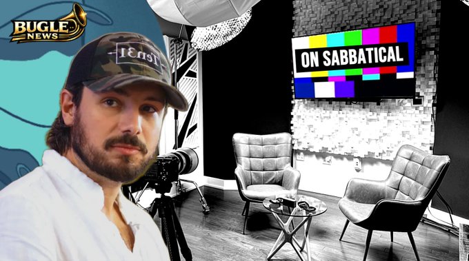 A promotional image featuring a bearded man wearing a camo 'iEast' cap in front of a studio setting, with a 'BUGLE NEWS' logo and a TV screen displaying 'ON SABBATICAL' next to a test pattern.