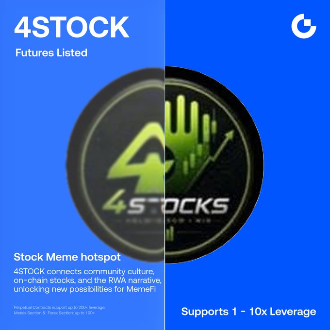 A promotional graphic for Gate Futures announces the new listing of #4STOCK, featuring a central circular logo with "4STOCKS" text alongside stock chart graphics on a blue background, highlighting details like "Futures Listed," "Stock Meme hotspot," and "Supports 1 - 10x Leverage" as referenced in the accompanying announcement.