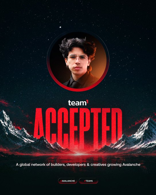 A promotional graphic showing a young man's portrait in a circle above the text "team¹ ACCEPTED" with a tagline "A global network of builders, developers & creatives growing Avalanche" against a mountain landscape.