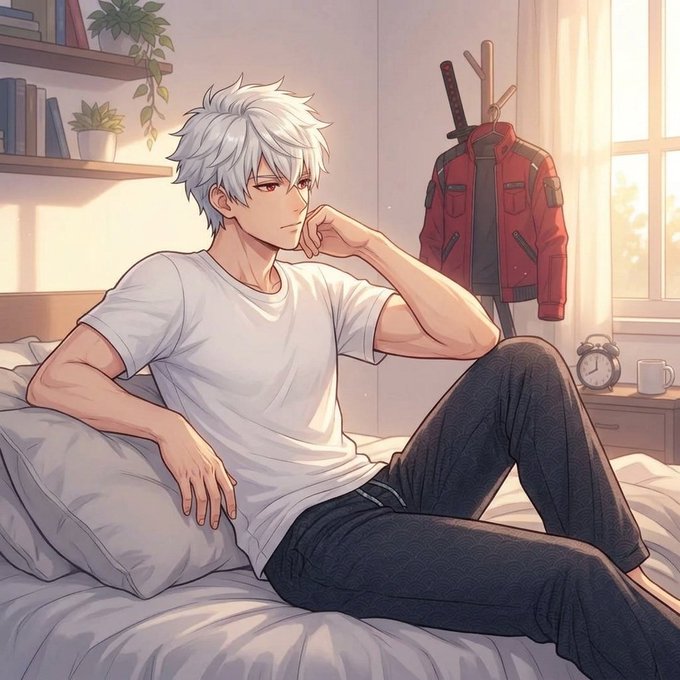An anime-style illustration of a white-haired young man in a white t-shirt and dark pants sitting on a bed in a cozy room, with a red jacket and swords displayed on a coat rack behind him.
