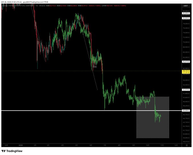 A TradingView candlestick chart of Bitcoin (BTCUSDT on Binance) shows a sharp downtrend from the ~$83,000 highs in early February 2026 down through ~$65,000 and now consolidating near $47,000, with a dashed trendline highlighting the breakdown. The chart visually reinforces the author's bearish concern that Bitcoin may be skipping a sideways range and entering a third downward phase, with price now testing the low $47,000 area.