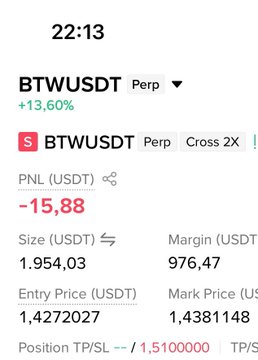 A mobile trading app screenshot displays a 'BTWUSDT Perp' position with a 13.60% gain, showing a PNL of -15.88 USDT, size of 1,954.03, and a TP/SL at 1.5100000.