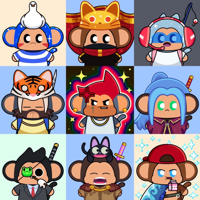 A 3x3 grid of cartoon monkey NFT characters, each with different costumes and accessories, such as a sailor hat, samurai helmet, headphones, tiger mask, glowing red hair, blue hair, eyepatch, cat on head, and red cap.