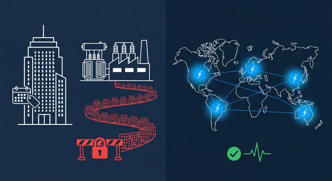 The image features a blue cityscape with various buildings, along with a world map and a white circuit with red curves. There are also lines of code displayed, including "Hyperscalers" and "Independent AI developers can't compete with five-year capital commitments. Filecoin's globally distributed network gives them exabyte-scale capacity without the queue.", which appear to be related to blockchain technology. The overall theme seems to revolve around how technology is changing traditional systems or processes, such as the way cities are designed and the distribution of resources like electricity across the globe.