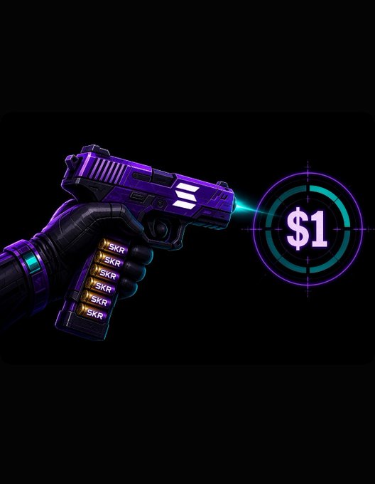A digital artwork displays a gloved hand holding a purple handgun alongside a glowing purple and teal crosshair with a dollar sign, against a black background.