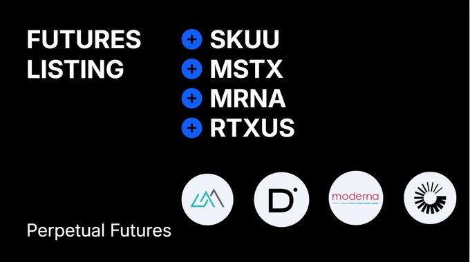 Black graphic announcing 'FUTURES LISTING' for tickers SKUU, MSTX, MRNA, and RTXUS as Perpetual Futures, with corresponding company logos including Moderna.