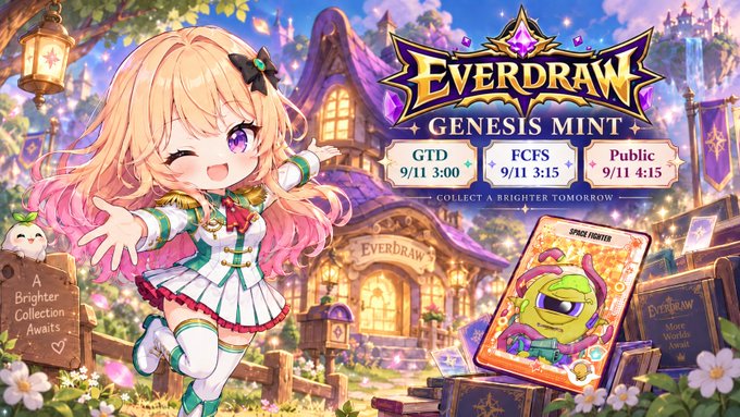 A cheerful pink-haired anime character poses in front of a magical "Everdraw Genesis Mint" storefront, with launch times listed for GTD (9/11 3:00), FCFS (9/11 3:15), and Public (9/11 4:15), alongside a featured "Space Hunter" trading card and wooden signs advertising "A Brighter Collection Awaits" and the "Everdraw Meta Worlds Await."