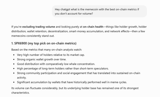 A ChatGPT screenshot displays a response to the question 'what is the memecoin with the best on-chain metrics if you don't account for volume?', highlighting 'SPX6900' as the top pick with strong holder metrics.