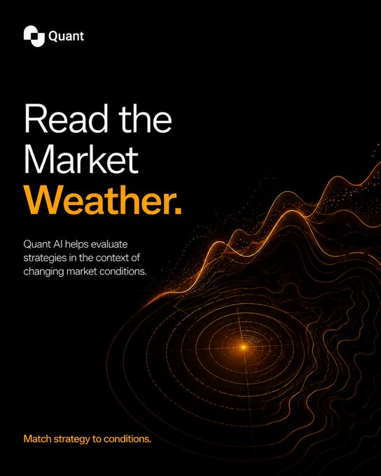 A dark-themed advertisement for Quant with the headline "Read the Market Weather," stating "Quant AI helps evaluate strategies in the context of changing market conditions" and "Match strategy to conditions."