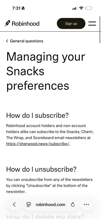 A mobile screenshot from robinhood.com titled 'Managing your Snacks preferences', showing FAQ text about subscribing and unsubscribing to newsletters.