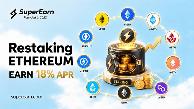 A cryptocurrency advertisement for SuperEarn featuring text "Restaking ETHEREUM EARN 18% APR" and showcasing various Ethereum-related tokens like rETH, stETH, and wbETH around a central "STAKING" device.