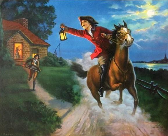A classical painting depicting a rider in a red coat on a galloping brown horse, holding up a lantern, while another figure with a lantern runs from a house in the night.