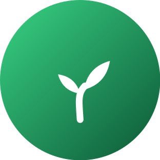 A minimalist icon features a white seedling with two leaves set against a solid green circular background.